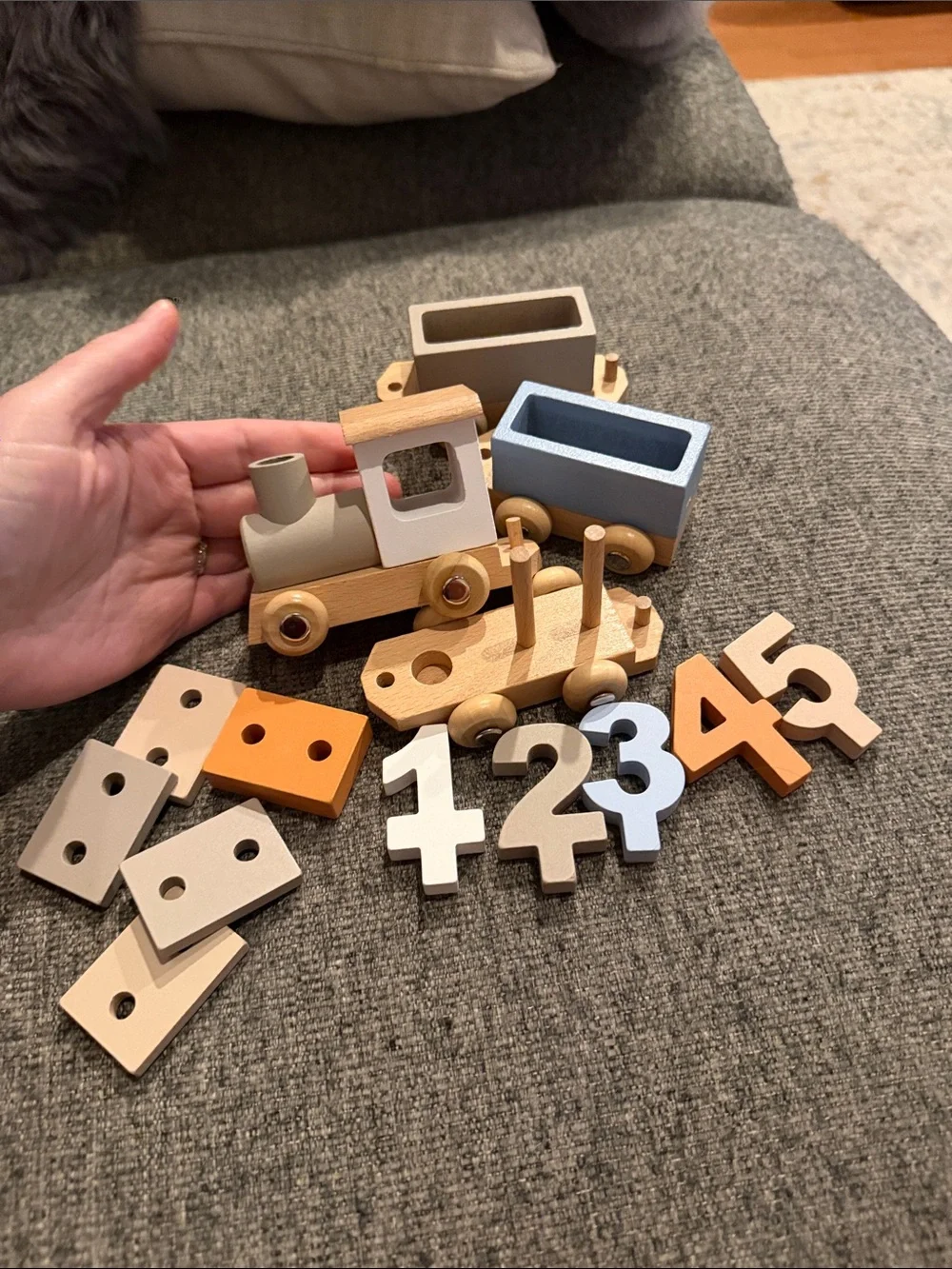 Wooden Train Toy Set - Neutral Pastel with numbers 1-5 and stacking blocks